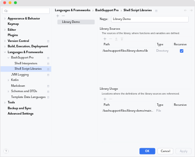 Settings of a shell script library